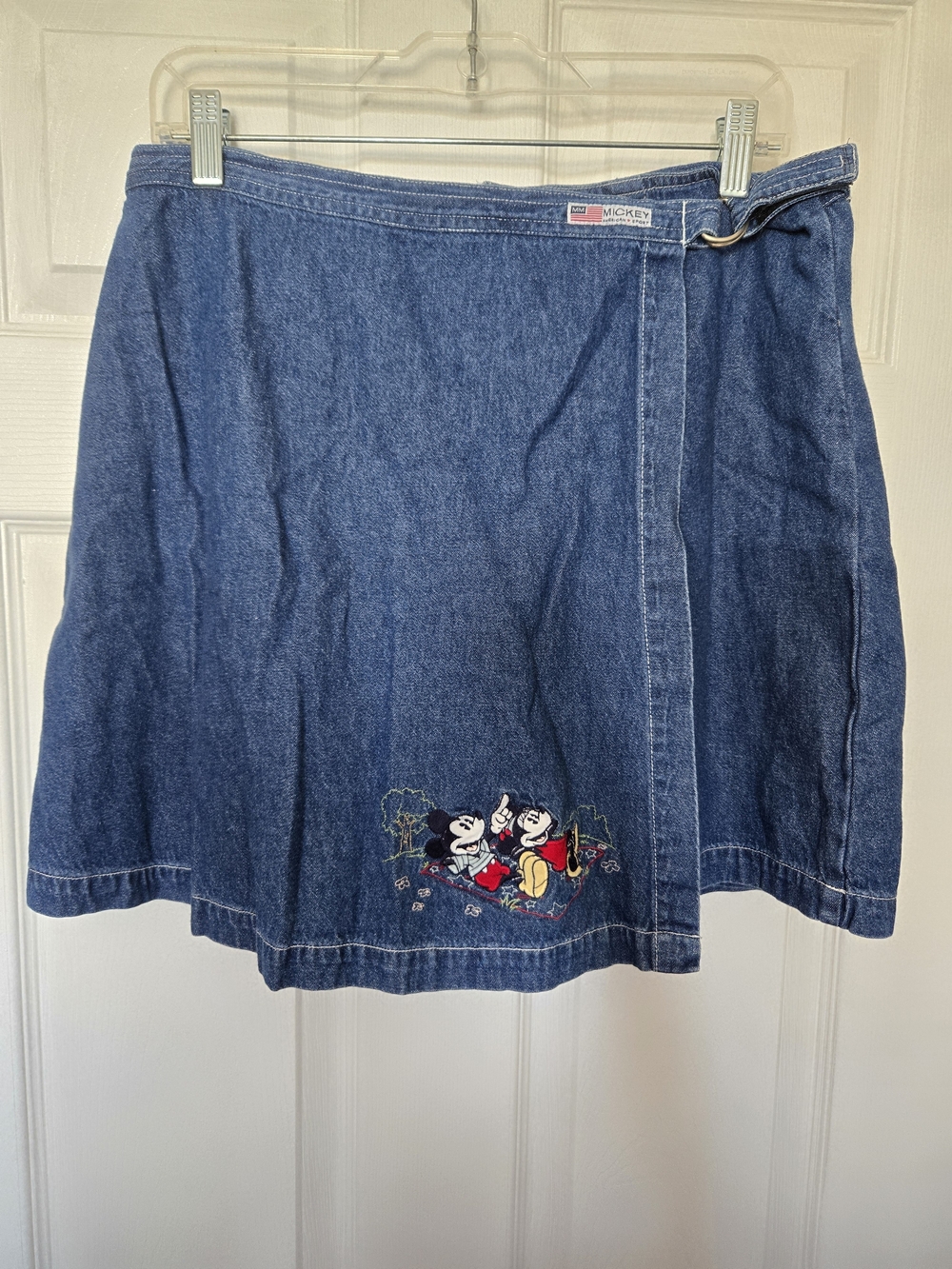 Vintage Disney Blue Denim Wrap Skirt with Mickey Embroidery